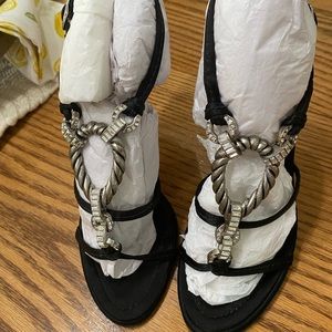 Giuseppe Zanotti BLK Satin Slvr & Crystal Embellished Strapped Sandal Size 371/2